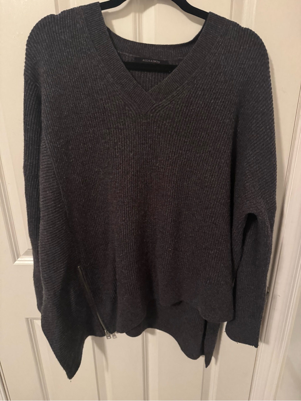 All Saints Charcoal Grey V-Neck Ribbed Sweater